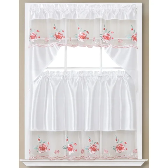Azula 3 Piece Embroidered Kitchen Curtain Set, 36 Inch Long Tiers and Swag Top, Rose Pink on White Background