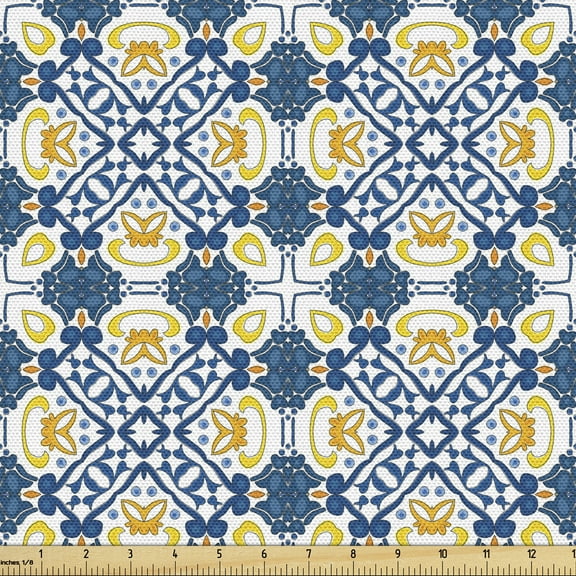 Ambesonne Azulejo Fabric by the Yard Upholstery, Portuguese Ceramic Tile Art, 10 Yards, Pale Orange and Petrol Blue