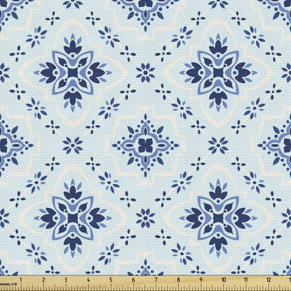Azulejo Fabric by the Yard, Repetitive Talavera Ethnic Style Pattern in Blue Tones Illustration, Decorative Upholstery Fabric for Chairs & Home Accents, 2 Yards, Pale Blue Night Blue by Ambesonne