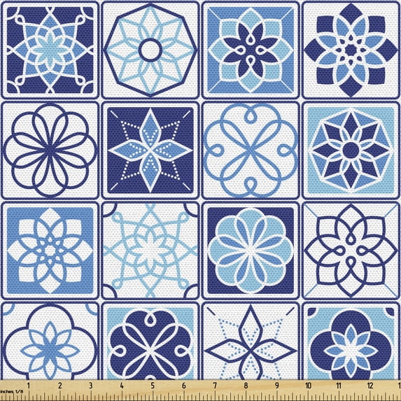 Ambesonne Azulejo Fabric by the Yard Upholstery, Floral Motif Squares, 2 Yards, Dark Sky Blue Sky Blue