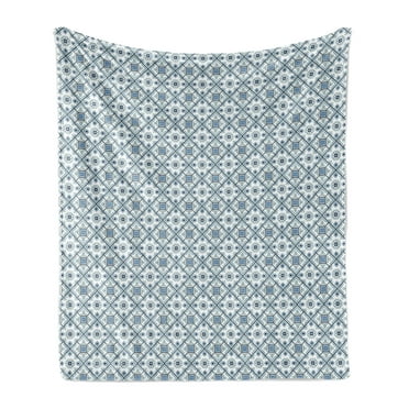 Azulejos Soft Flannel Fleece Throw Blanket, Bluish Traditional Floral Motifs in Rhombus Shapes Mediterranean Ethnic Ornaments, Cozy Plush for Indoor and Outdoor Use, 50" x 60", Blue, by Ambesonne