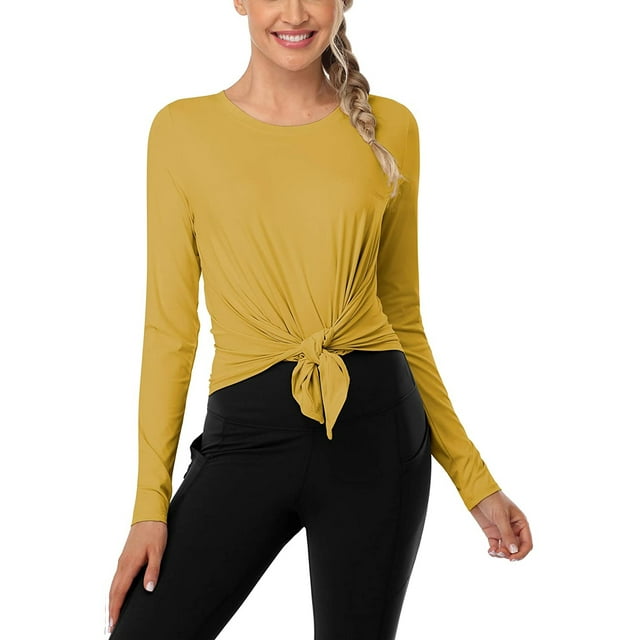 Azunasea Women Long Sleeve Workout Shirts Tie Front Breathable Yoga ...