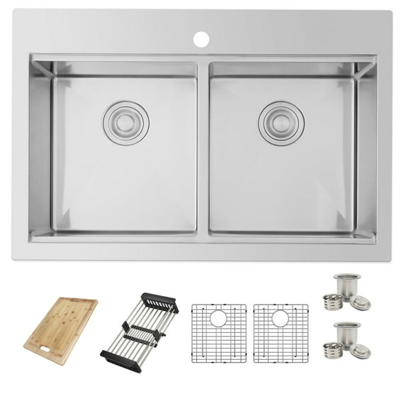 Azuni Aries Topmount 30” Stainless Steel Double-Bowl Workstation Kitchen Sink & 6 Accessories C432L