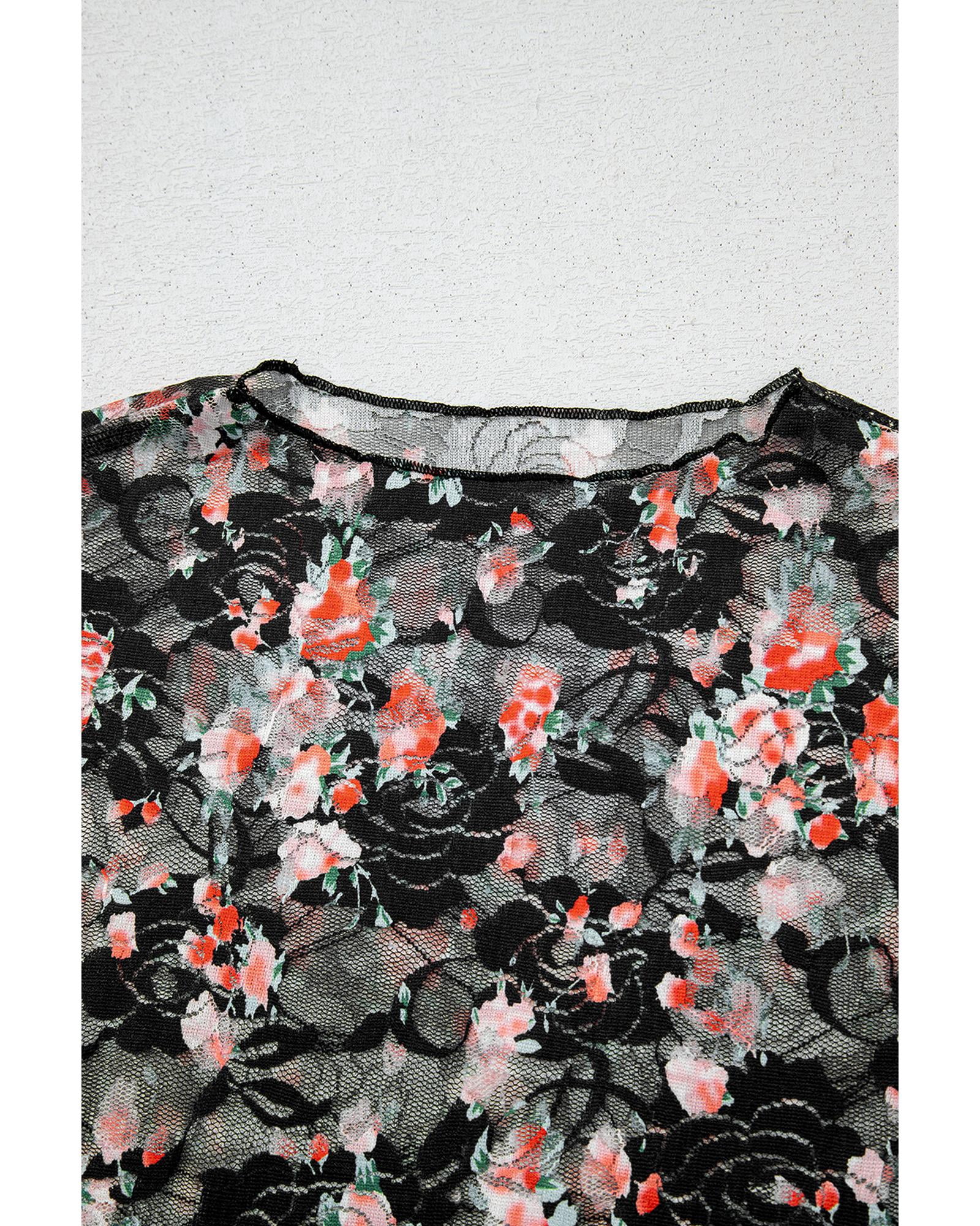 Azura Exchange Black Floral Mesh Sheer Long Sleeve Top Women — free download