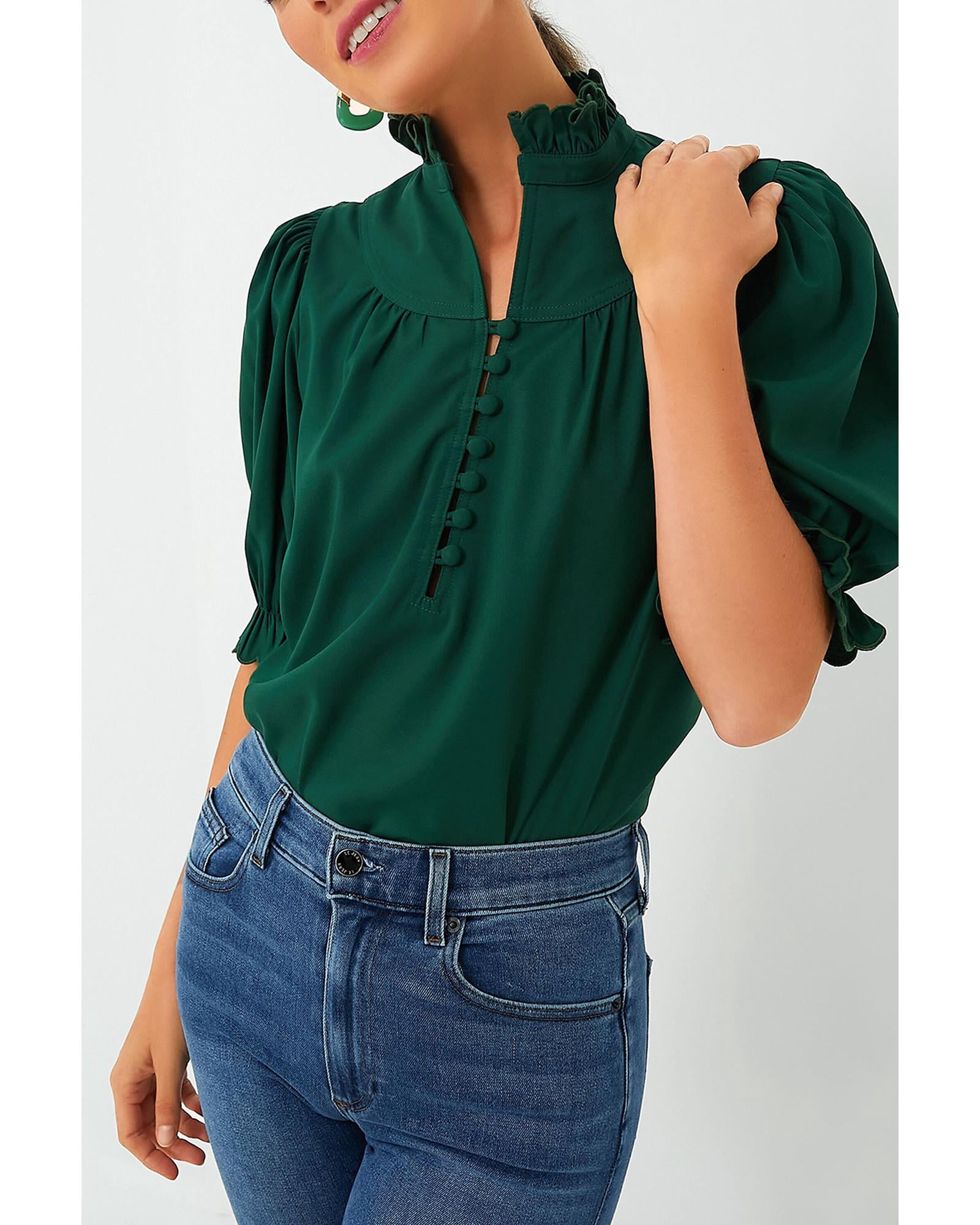 Azura Exchange Blackish Green Solid Puff Sleeve Frilled Trim Elegant ...