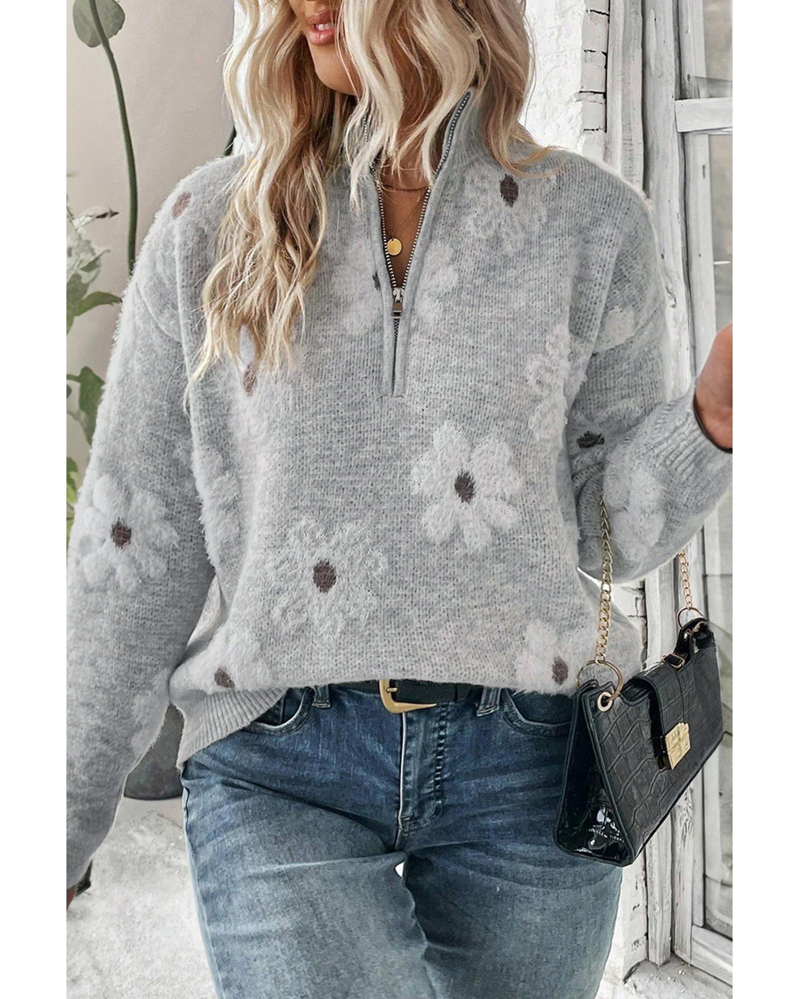 Gray Plus Size Embroidered Floral Pattern Half Zip Sweater