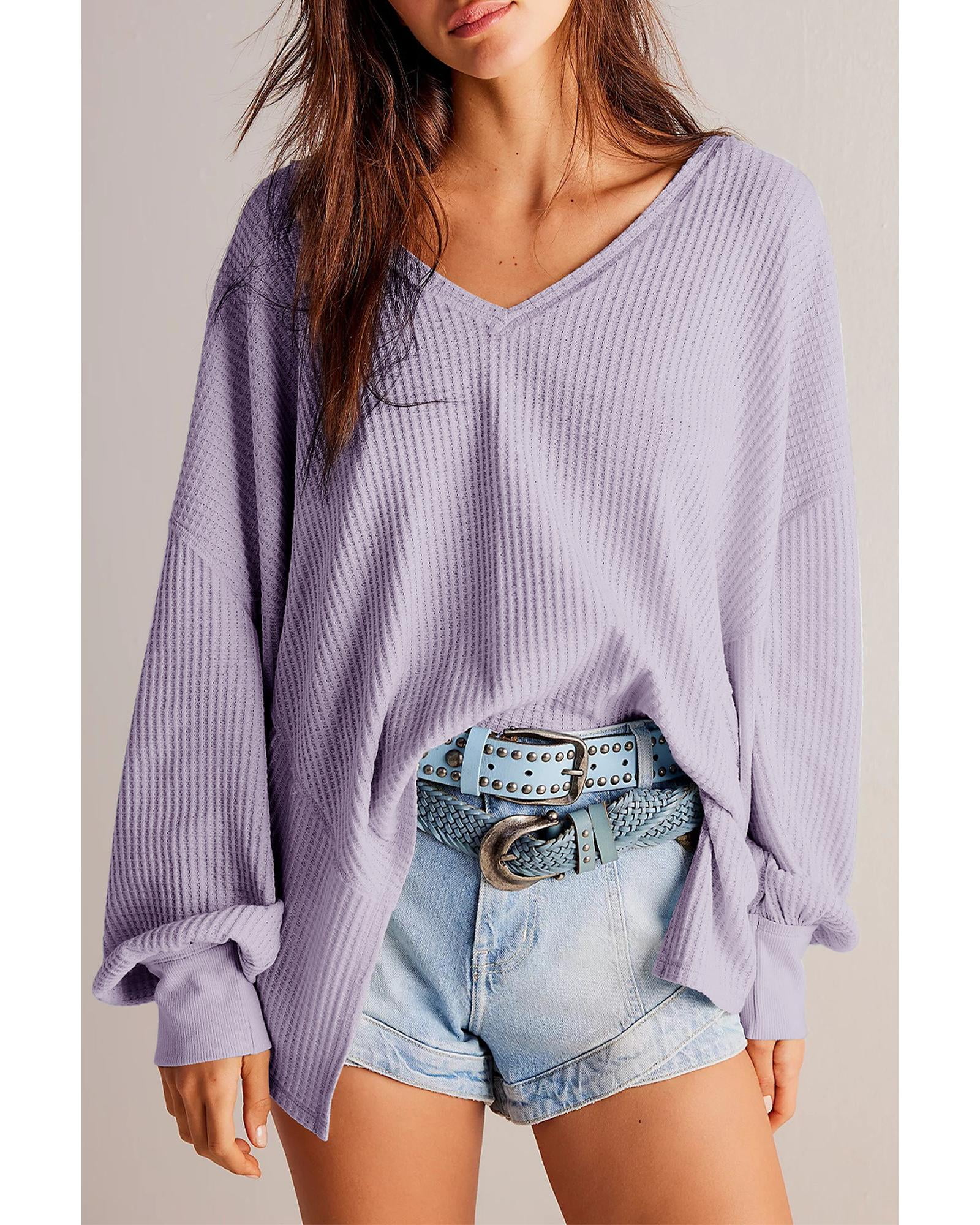 SOLY HUX Women's V-Neck Long Sleeve Waffle Knit Top - Drop Shoulder Loose Tee