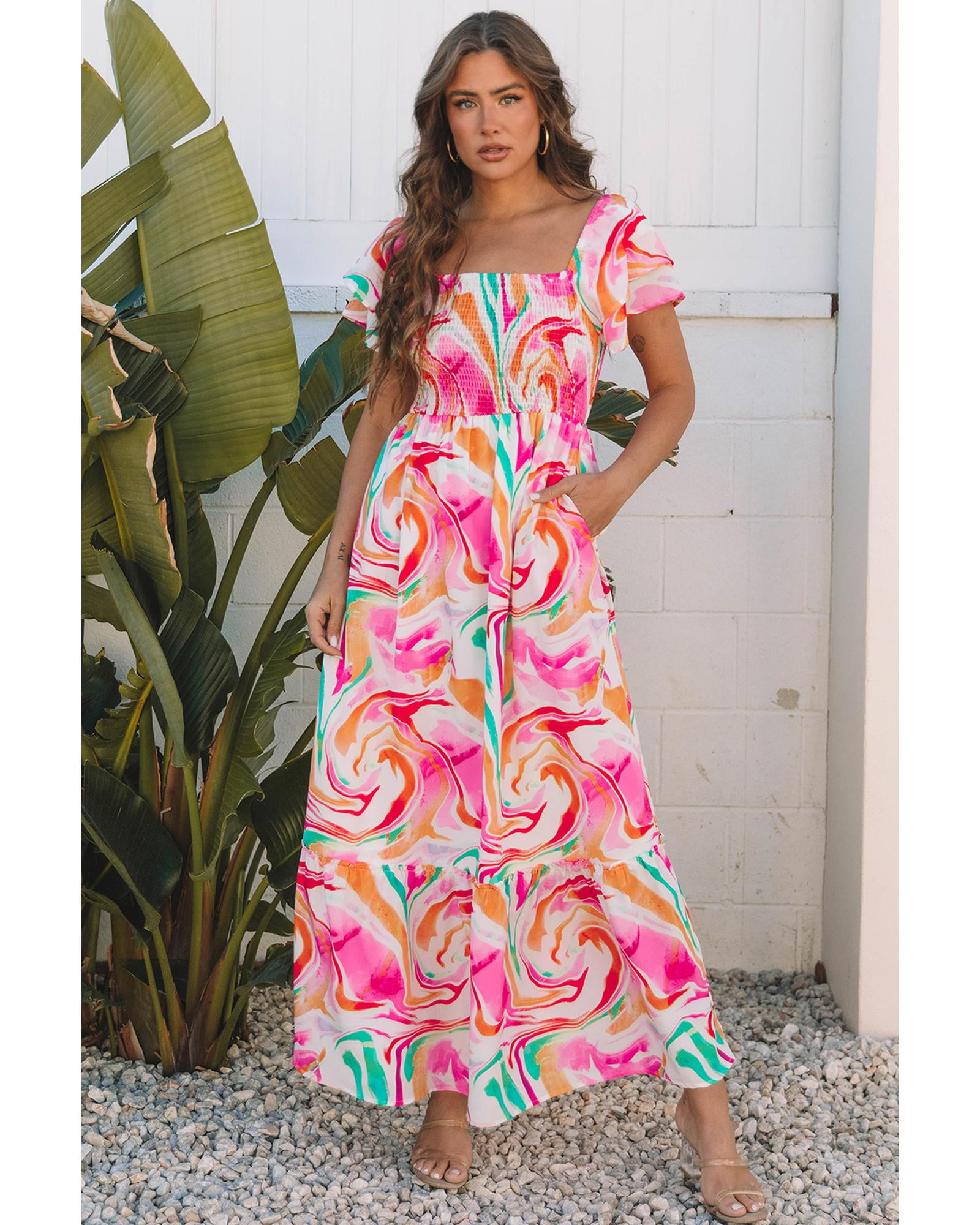 Azura Exchange Pink Abstract Print Ruffled Sleeve Smocked Bust Maxi ...