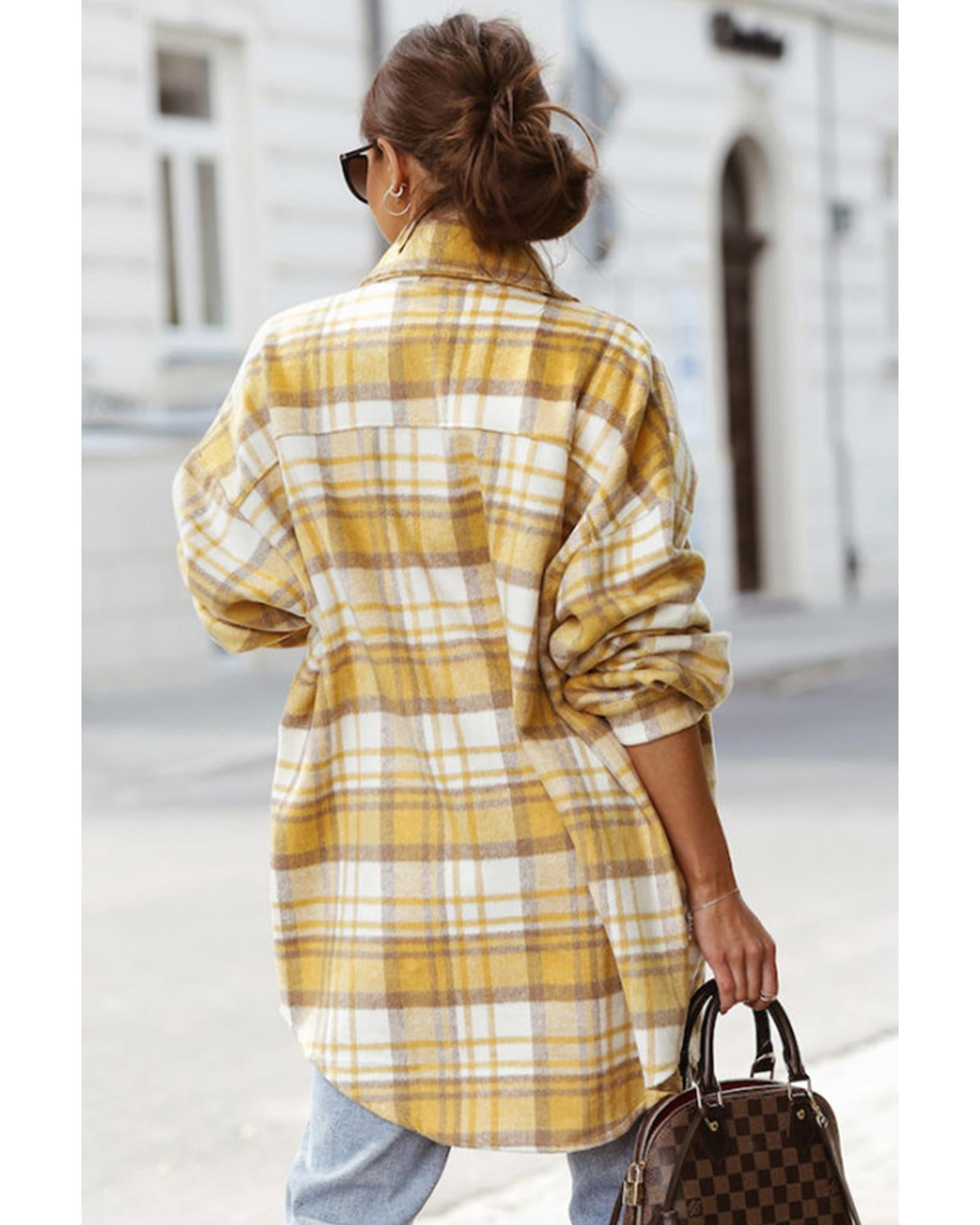 Azura Exchange Yellow Plaid Flap Pocket Long Sleeve Shacket Women ...
