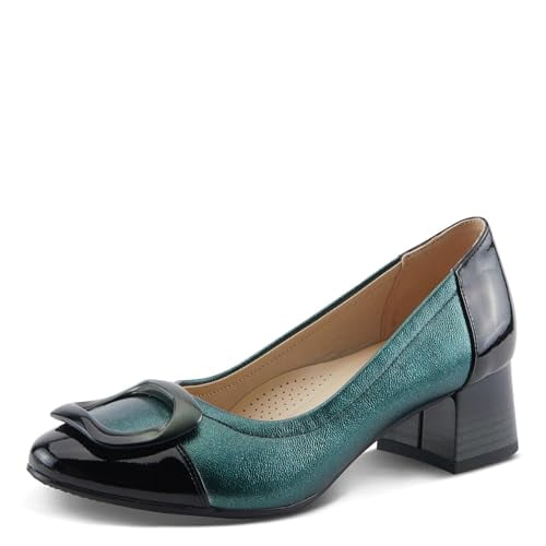 Azura Women's BABYSTEPS Slip-On Pump – Metallic Leather with Sculptural Buckle and Architectural Block Heel