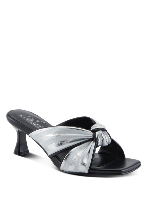 Women's BOWLUXE Slide Sandals - Knotted Upper, Metallic Accent, Leather Footbed, Kitten Heel