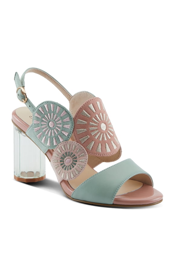 Women's Embroidery Pumps & Heels - Geometric Design, Adjustable Ankle Strap, Transparent Cylindrical Heel