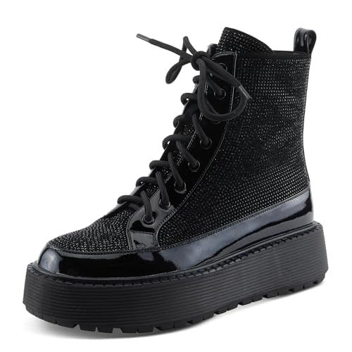 Azura Women's LIVEWIRE Combat Boot – Patent and Microsuede with Crystal Embellishments and Chunky Platform