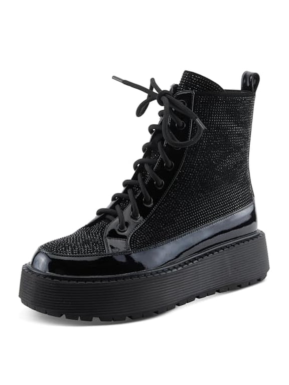 Women's LIVEWIRE Combat Boot – Patent and Microsuede with Crystal Embellishments and Chunky Platform