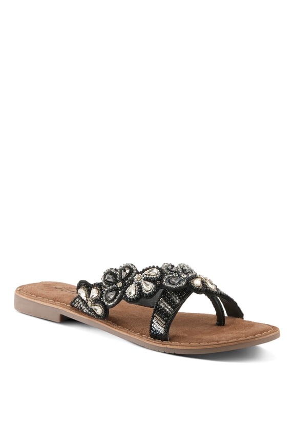 Women's SWEETUMS Beaded Slide Sandals – Vibrant Floral Design, Suede Footbed, Lightweight Toe Loop Sandals