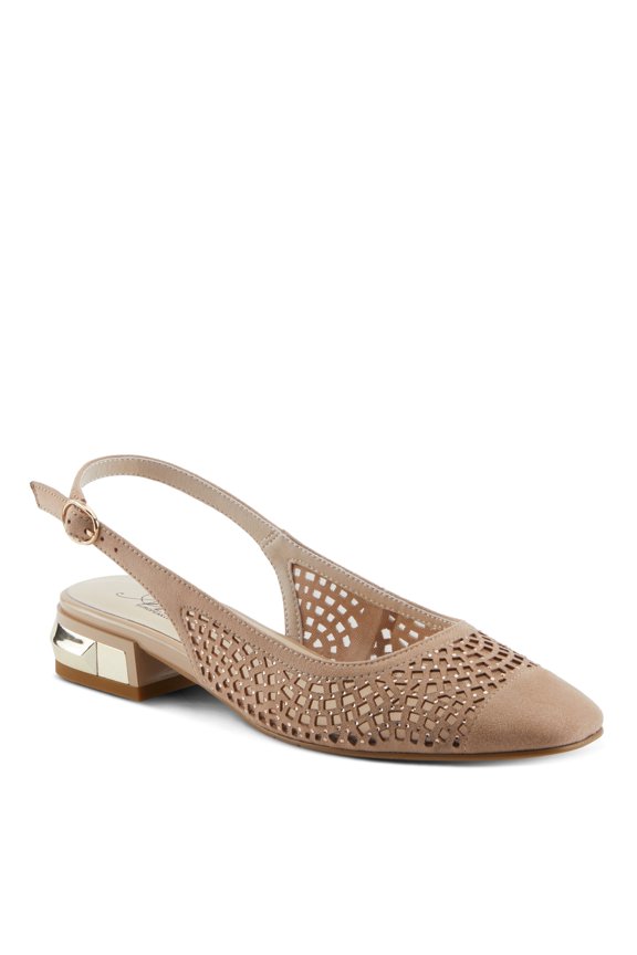 Women's TIFFANIED Microsuede Buckle Slingback Shoes – Crystal-Encrusted Cutouts, Leather Footbed, and Mirror-Effect Heel