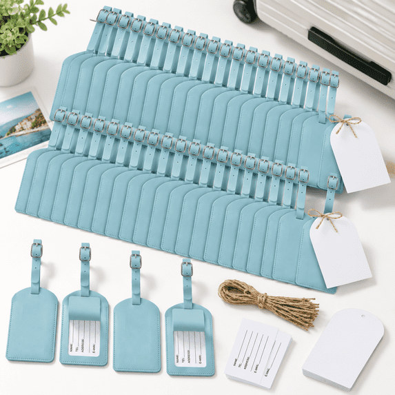 Azure 48-Piece Leather Luggage Tags with Name Cards and Jute Ropes for ...