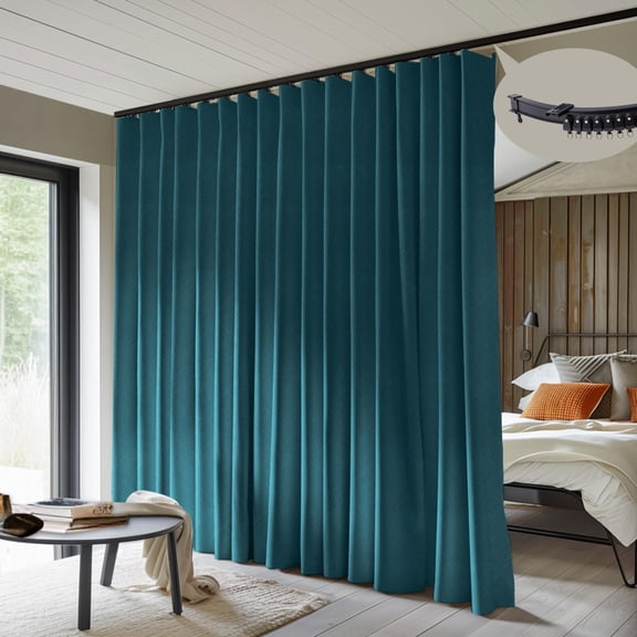 Azure Blue 100"W x 84"L (Pack of 1) Room Divider Curtain with Ceiling Track Set
