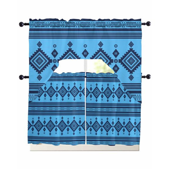 Azure Blue Boho Southwestern Kitchen Curtains Sets 24 Inch Length with Valance, Vintage Tribes Zigzag Tile Swag Valances and Tiers Curtain Set Drapes Swag Curtains for Living Room, Bathroom, Cafe