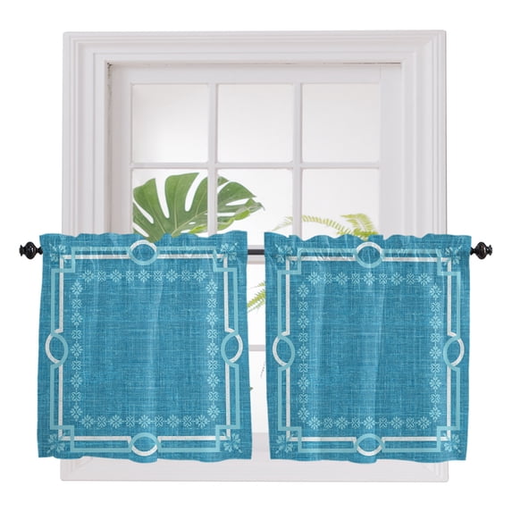 Azure Blue Botanical 2 Panel Kitchen Curtains for Small Windows, Vintage Florals Geometric Minimalist Bathroom Tier Curtain, Short Window Treatment for Bedroom/Living Room 55"x24"