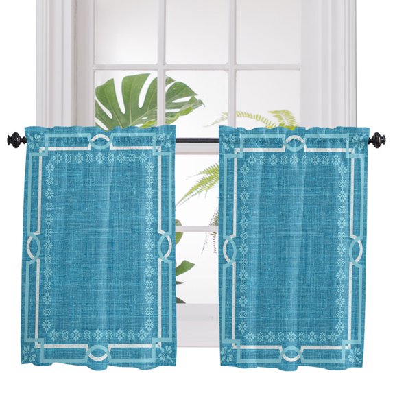 Azure Blue Botanical Bathroom Window Curtain, Vintage Florals Geometric Minimalist Light Filtering Coffee Kitchen Curtains, Bedroom Living Room Curtains 2 Panel 84"x45"