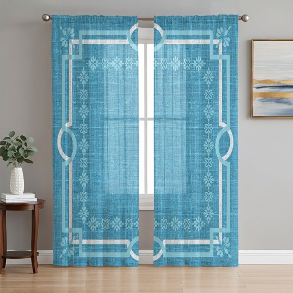 Azure Blue Botanical Sheer Curtains 63 Inch Length 2 Panels Set, Vintage Florals Geometric Minimalist Voile Window Treatment Rod Pocket Curtains Sheers for Bedroom/Living Room/Kitchen 52x"63"x2
