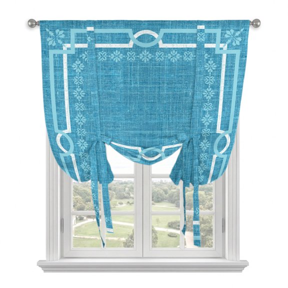 Azure Blue Botanical Tie Up Curtains for Windows, Adjustable Balloon Window Shades, Vintage Florals Geometric Minimalist Kitchen Window Treatments Farmhouse Short Curtains with Rod Pocket 42"x45"