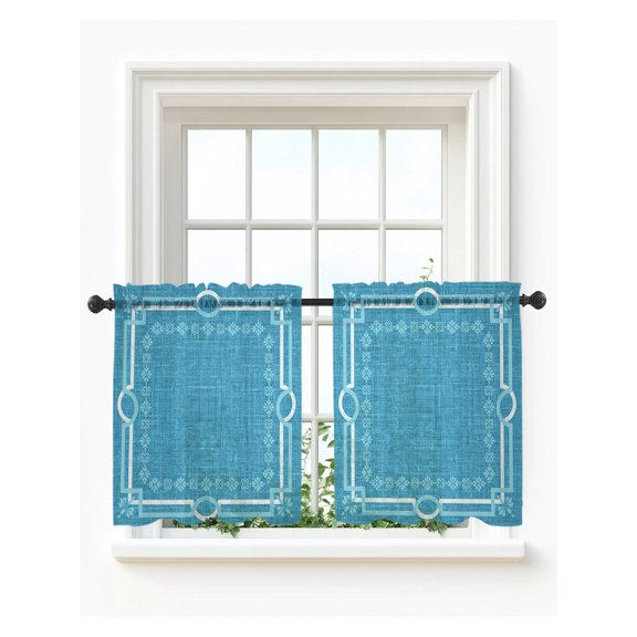 Azure Blue Botanical Tier Curtains 24 Inch Length,Sheer Curtains for Bedroom Living Room Vintage Florals Geometric Minimalist Short Kitchen Curtains Drapes for Small Half Window 27.5"x24" 2 Panels