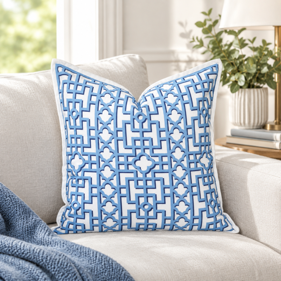 Azure Blue Fretwork Trellised Screen 20"x20" Decorative Throw Pillow Cover