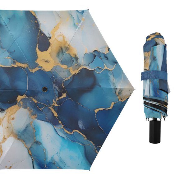 Azure Blue Gold Marble Compact Sun Umbrella Windproof Travel Umbrellas for Rain Strong Portable UV Protection