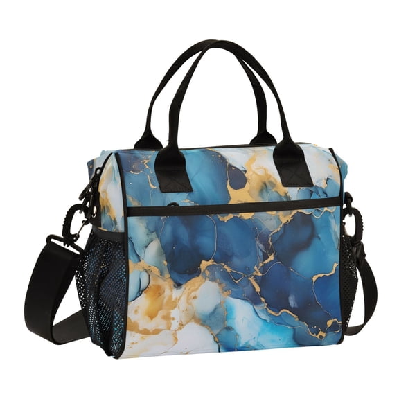 Azure Blue Gold Marble Lunch Bag Insulated Lunch Box Leakproof Reusable Cooler Tote Adjustable Shoulder Strap for Men Women 9L