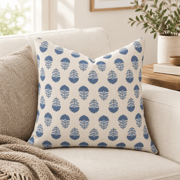 Azure Blue Neutral Block Print Flowers 20