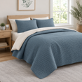 Azural Blue Azure Blue Queen Lightweight Quilt Bedding Set with Square Stitched ...