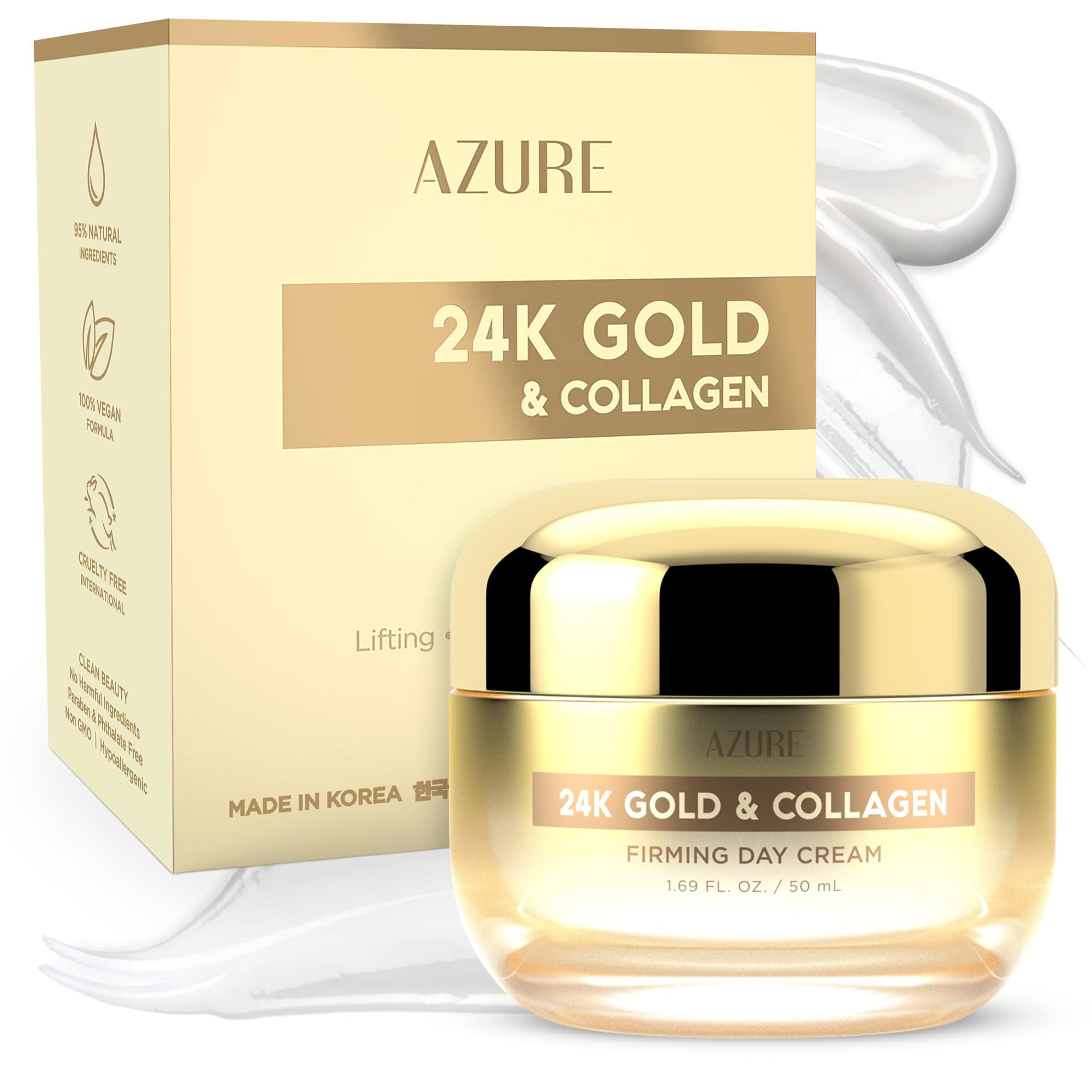 Azure Cosmetics Dermatologist Tested TMA224K Gold & Collagen Face Moisturizer - K Beauty Anti-Aging Face Cream for Firming & Skin Tightening - Korean Skincare - All Skin Type 1.69 fl oz