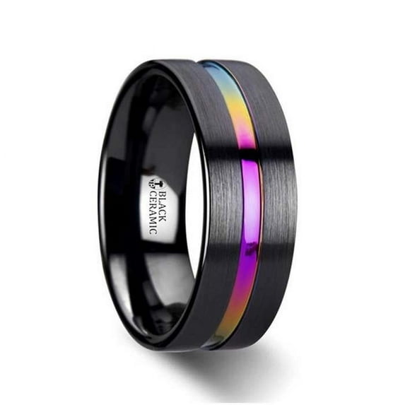 Azure Flat Black Ceramic Ring Brushed With Rainbow Groove 4mm