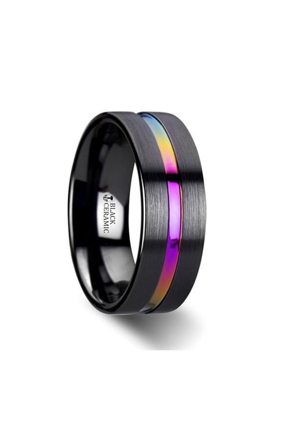 Azure Flat Black Ceramic Ring Brushed With Rainbow Groove 4mm