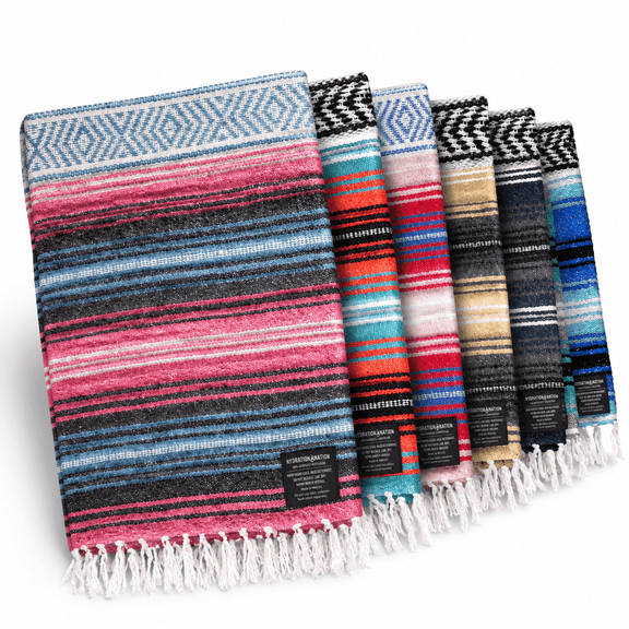 Azure Handwoven Mexican Striped Throw Blanket, 70"x50" Recycled Cotton Polyester