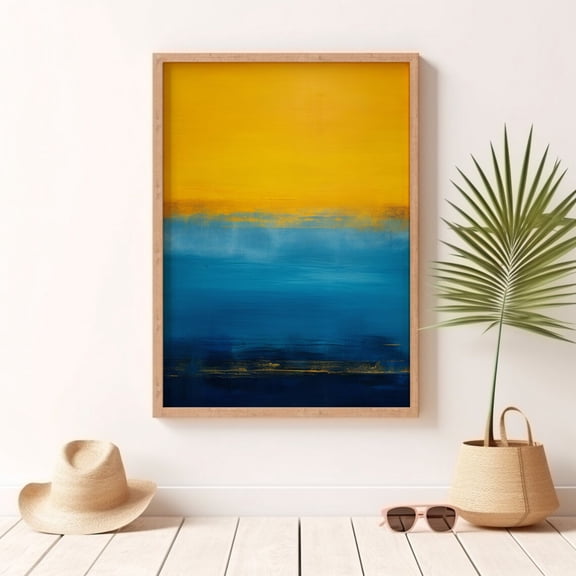 Azure Harmony Modern Wall Art A Seascape Symphony In Blue And Yellow Matte Vertical, Unframed Paper Print
