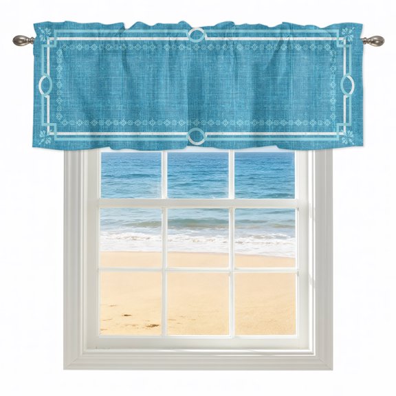 Azure Linen Border Valances for Windows, Rod Pocket Kitchen Valance Curtains - Soft & Washable Small Window Treatment for Living Room, Bathroom, Floral Lines Frame 42x12inch, 1 Panel
