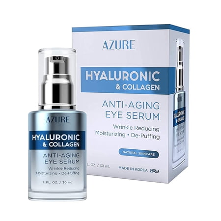 AZURE Hyaluronic & Collagen Anti Aging Eye Serum - Moisturizing, Replenishing & De-Puffing | Reduces Wrinkles, Fine Lines & Under Eye Bags | Locks In Moisture Hydrating Skin | Made in Korea - 30mL