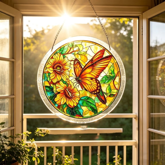 Azure Tone Stained Glass Style Acrylic Window Hanging Ornament, Light Catching Art Decoration, Delicate Gift Accessory for Female Family Members,Household Wall Styling