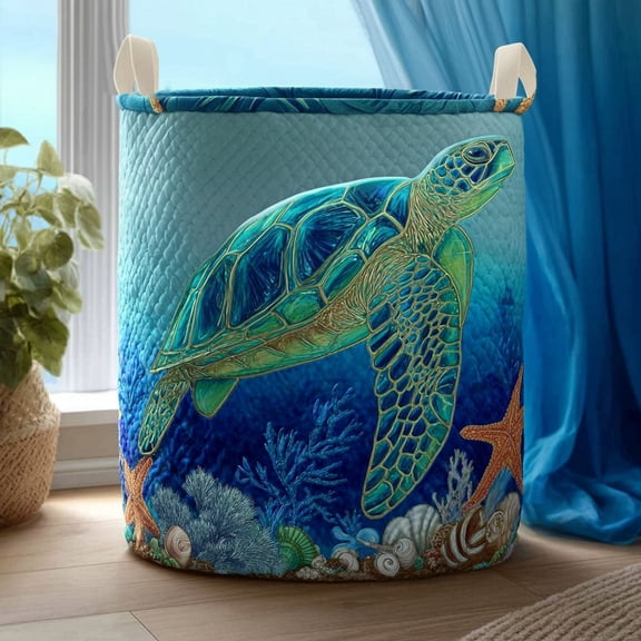 Azure Wave Turtle Quilted Laundry Basket