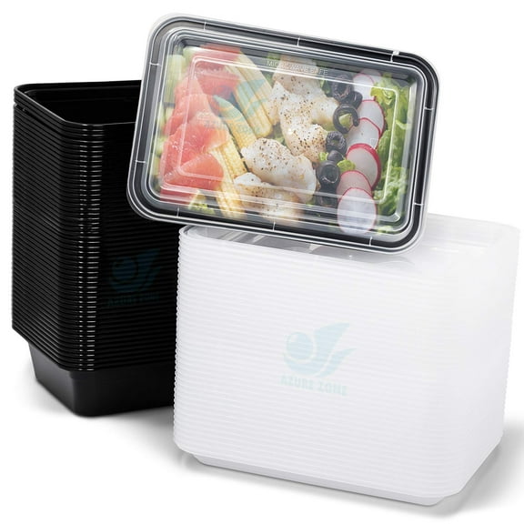 Azure Zone, 32 oz, 50-Pack Rectangular Meal Prep Food Container with Lid - One Compartment Bento Box Stackable Freezer/Microwave/Dishwasher Safe Reusable Storage Portable BPA Free C47
