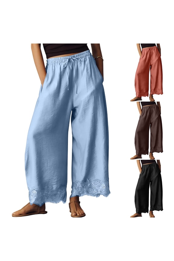 Lace Trim Wide Leg Pants for Women 2026 Spring Summer Cropped Lightweight Casual Pants, Size S-2XL