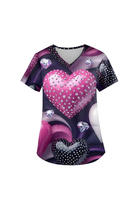 Ladies' Valentine's Day Printed Fashionable V-neck Pocket Short Sleeved Uniform And Caregiver Top for Summer Spring Everyday Outfits, Sizes S-5XL