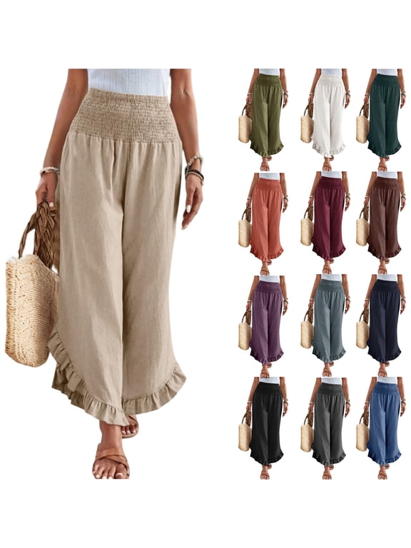 Linen Pants Women Summer Wide Leg Palazzo Pants High Waisted Ruffle Hem Beach Flowy Pant Cropped Trousers, Size S-3XL
