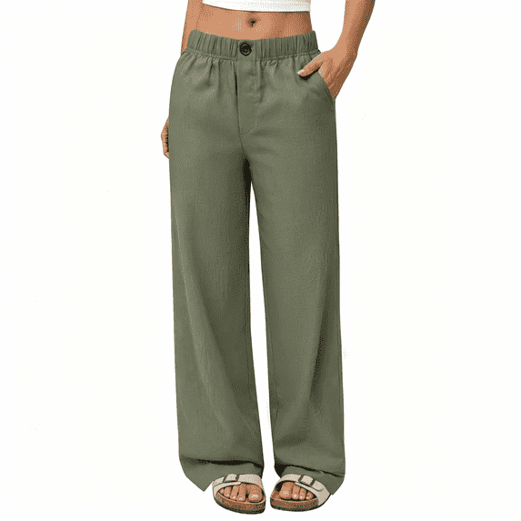 AzureSilk Linen Pants Women Wide Leg Elastic Waist Flowy Palazzo Casual Pants with Pockets Beach Travel Trousers, Size S-3XL