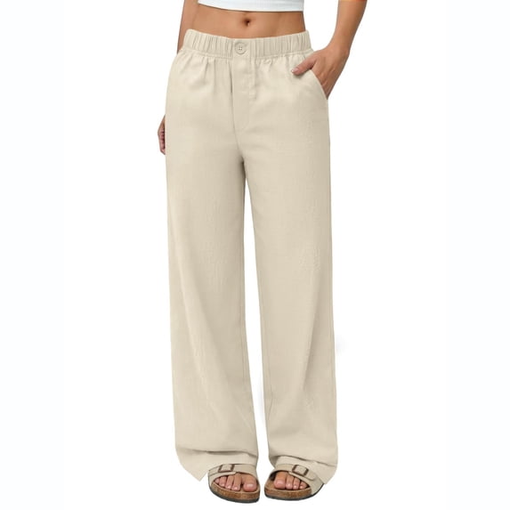 AzureSilk Linen Pants Women Wide Leg Elastic Waist Flowy Palazzo Casual Pants with Pockets Beach Travel Trousers, Size S-3XL