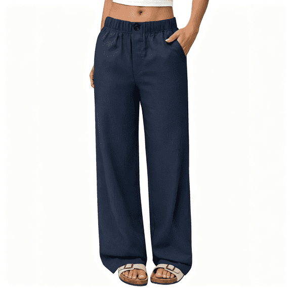 AzureSilk Linen Pants Women Wide Leg Elastic Waist Flowy Palazzo Casual Pants with Pockets Beach Travel Trousers, Size S-3XL