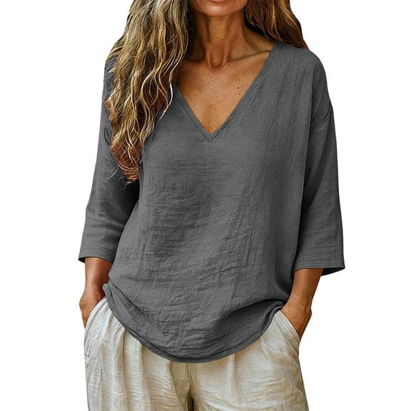 AzureSilk Linen Tops for Women Summer Plus Size Shirts 3/4 Sleeve V Neck Blouses Casual Loose Clothes Summer Work Clothes, Size S-2XL